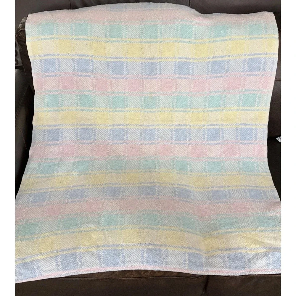 Vintage Baby Blanket Pastel Plaid Woven‎ Cotton Pink Yellow Blue Green Cotton